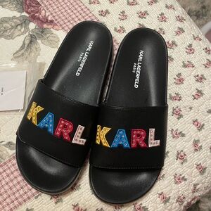 Karl Lagerfeld Black Slides with Colorful Logo